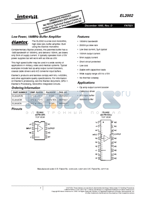 EL2002ACN datasheet - Low Power, 180MHz Buffer Amplifier
