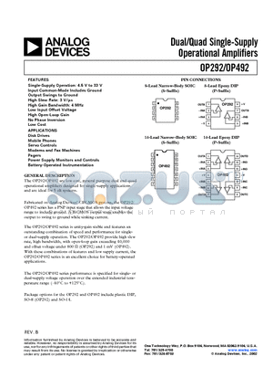OP292_02 datasheet - Dual/Quad Single-Supply Operational Amplifiers