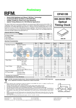 OP4013B datasheet - 693.48342 MHz Optical Timing Clock