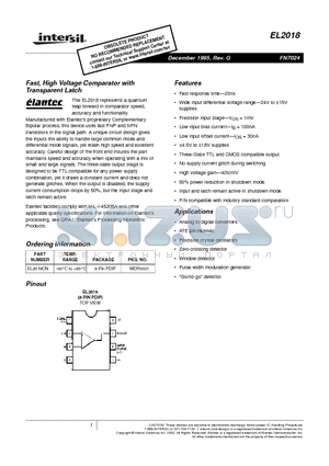 EL2018 datasheet - Fast, High Voltage Comparator with Transparent Latch