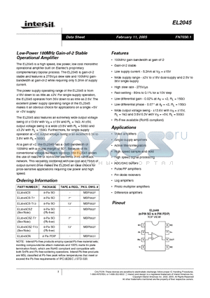 EL2045CN datasheet - Low-Power 100MHz Gain-of-2 Stable Operational Amplifier