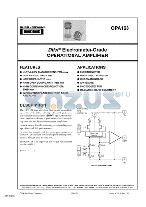 OPA128 datasheet - Difet Electrometer-Grade OPERATIONAL AMPLIFIER