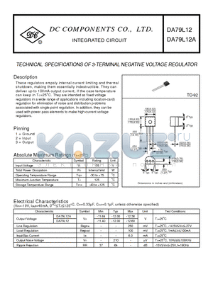 DA79L12A datasheet - TECHNICAL SPECIFICATIONS OF 3-TERMINAL NEGATIVE VOLTAGE REGULATOR