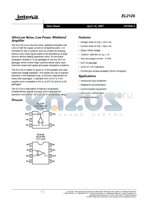 EL2126CWZ-T7A datasheet - Ultra-Low Noise, Low Power, Wideband Amplifier