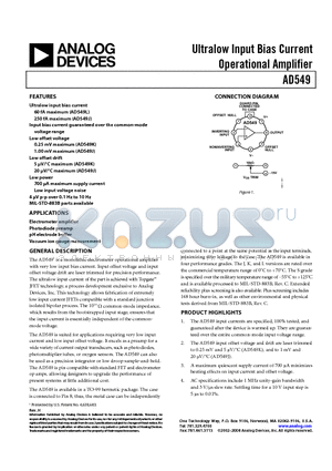 AD549LHZ datasheet - Ultralow Input Bias Current Operational Amplifier