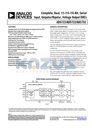 AD5752 datasheet - Complete, Dual, 12-/14-/16-Bit, Serial Input, Unipolar/Bipolar, Voltage Output DACs