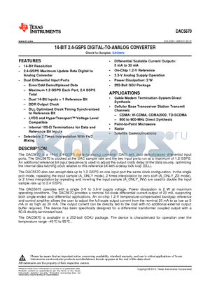 DAC5670 datasheet - 14-BIT 2.4-GSPS DIGITAL-TO-ANALOG CONVERTER