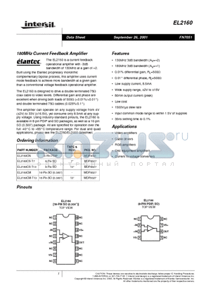 EL2160CS-T7 datasheet - 180MHz Current Feedback Amplifier