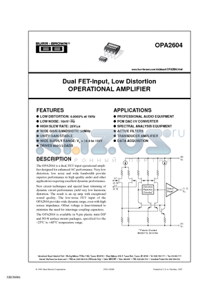 OPA2604AUG4 datasheet - Dual FET-Input, Low Distortion OPERATIONAL AMPLIFIER