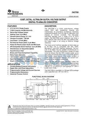 DAC7558IRHBT datasheet - 12-BIT, OCTAL, ULTRALOW GLITCH, VOLTAGE OUTPUT DIGITAL-TO-ANALOG CONVERTER