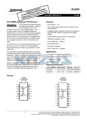 EL2252 datasheet - Dual 50MHz Comparator/Pin Receiver