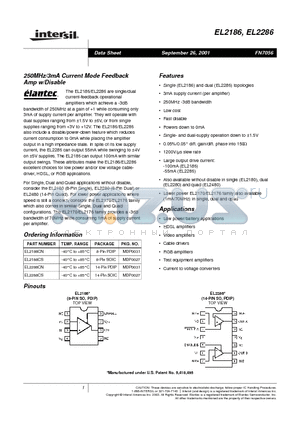 EL2286 datasheet - 250MHz/3mA Current Mode Feedback Amp w/Disable