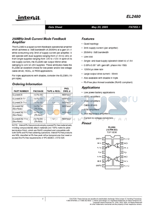 EL2480 datasheet - 250MHz/3mA Current Mode Feedback Amplifier