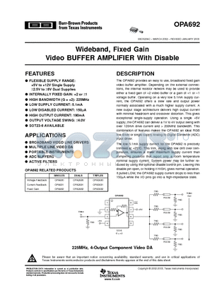 OPA692 datasheet - Wideband, Fixed Gain Video BUFFER AMPLIFIER With Disable