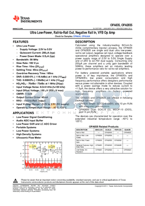 OPA835 datasheet - Ultra Low-Power, Rail-to-Rail Out, Negative Rail In, VFB Op Amp