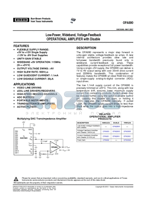 OPA890IDBVR datasheet - Low-Power, Wideband, Voltage-Feedback OPERATIONAL AMPLIFIER with Disable