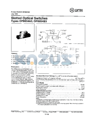 OPB854A3 datasheet - SLOTTED OPTICAL SWITCHES