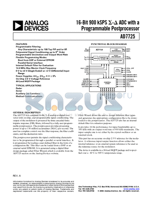 AD7725 datasheet - 16-Bit 900 kSPS ADC with a Programmable Postprocessor