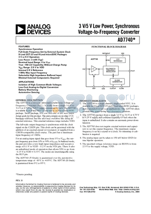 AD7740KRM datasheet - 3 V/5 V Low Power, Synchronous Voltage-to-Frequency Converter