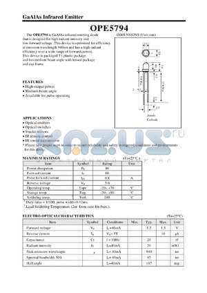 OPE5794 datasheet - GaAlAs Infrared Emitter