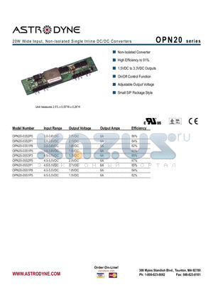 OPN20-05S1P8 datasheet - 20W Wide Input,Non-Isolated Single Inline DC/DC Converters