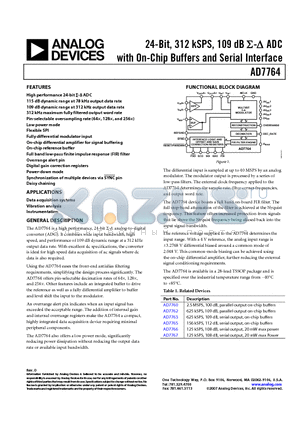 AD7764BRUZ datasheet - 24-Bit, 312 kSPS, 109 dB S-D ADC with On-Chip Buffers and Serial Interface
