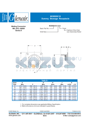 M38999-1024B datasheet - Dummy Stowage Receptacle