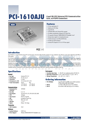OPT1F datasheet - 4-port RS-232 Universal PCI Communication Card, w/4 RJ45 Connectors