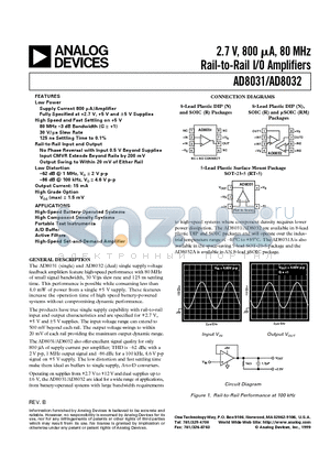 AD8031BR-REEL datasheet - 2.7 V, 800 uA, 80 MHz Rail-to-Rail I/O Amplifiers