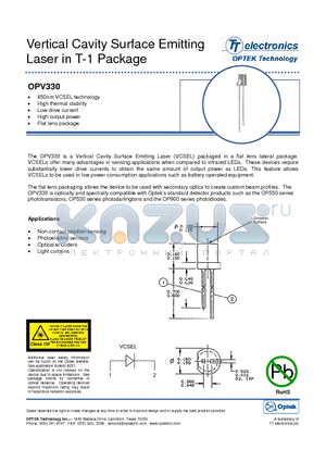 OPV330 datasheet - Vertical Cavity Surface Emitting Laser in T-1 Package