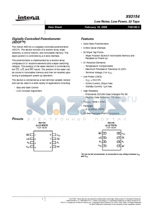 X93154_08 datasheet - Digitally Controlled Potentiometer(XDCP)