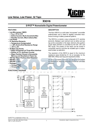 X9316ZSI datasheet - E 2 POT Nonvolatile Digital Potentiometer