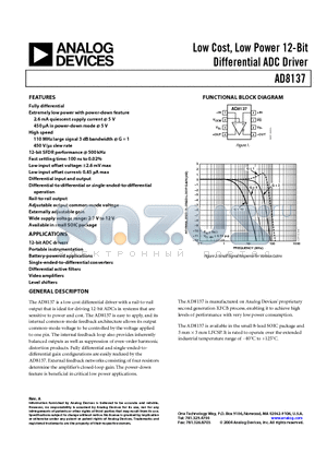 AD8137 datasheet - Low Cost, Low Power 12-Bit Differential ADC Driver