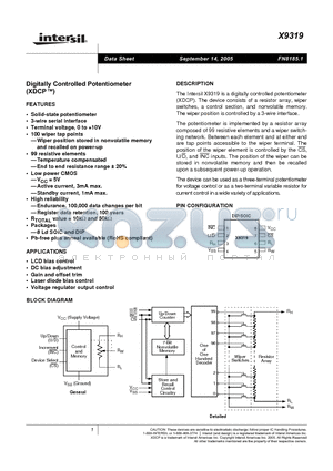 X9319UP8I datasheet - Digitally Controlled Potentiometer