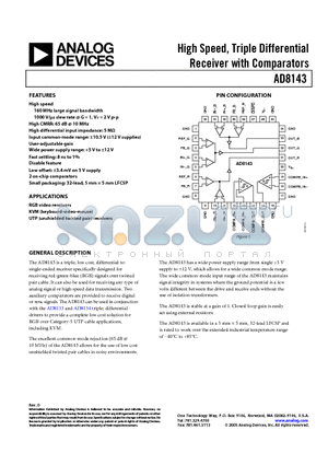 AD8143ACPZ-R2 datasheet - High Speed, Triple Differential Receiver with Comparators