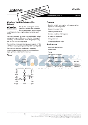 EL4451CN datasheet - Wideband Variable-Gain Amplifier, Gain of 2