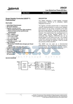 X9420YS-2.7 datasheet - Single Digitally Controlled  (XDCP) Potentiometer