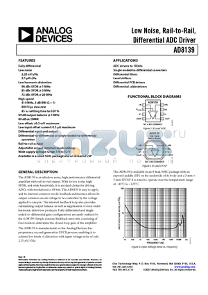 AD8139ARDZ-REEL7 datasheet - Low Noise, Rail-to-Rail, Differential ADC Driver