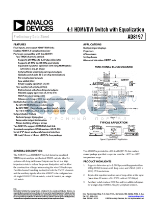 AD8197ASTZ-RL datasheet - 4:1 HDMI/DVI Switch with Equalization