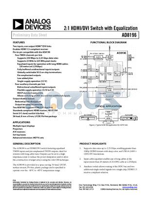 AD8196ACPZ-R7 datasheet - 2:1 HDMI/DVI Switch with Equalization