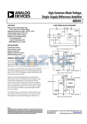 AD8202YR-REEL datasheet - High Common-Mode Voltage, Single-Supply Difference Amplifier