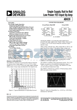 AD820BR datasheet - Single Supply, Rail to Rail Low Power FET-Input Op Amp
