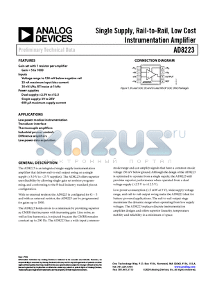 AD8223BRM datasheet - Single Supply, Rail-to-Rail, Low Cost Instrumentation Amplifier