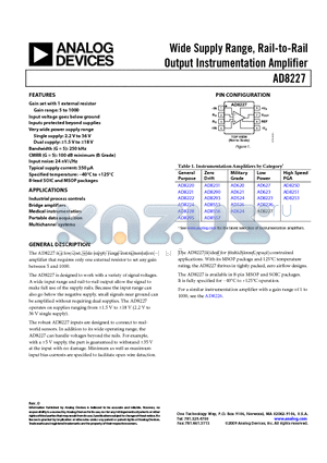 AD8227 datasheet - Wide Supply Range, Rail-to-Rail Output Instrumentation Amplifier