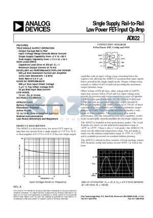 AD822AR datasheet - Single Supply, Rail-to-Rail Low Power FET-Input Op Amp