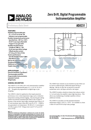 AD8231 datasheet - Zero Drift, Digital Programmable Instrumentation Amplifier