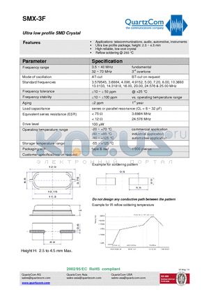 SMX-3F datasheet - Ultra low profile SMD Crystal Reflow soldering @ 260 `C