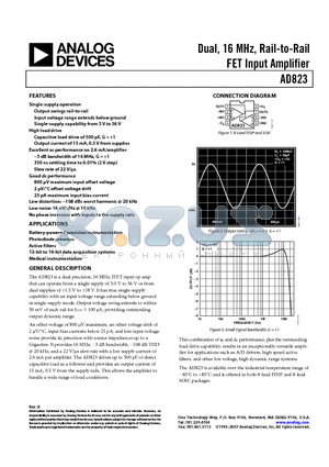 AD823ARZ-R7 datasheet - Dual, 16 MHz, Rail-to-Rail FET Input Amplifier