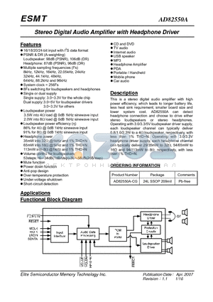 AD82550A datasheet - Stereo Digital Audio Amplifier with Headphone Driver