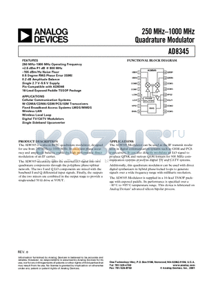 AD8345 datasheet - 250 MHz.1000 MHz Quadrature Modulator